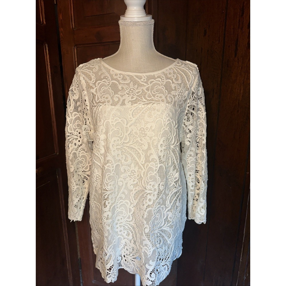 J.‎ Jill Crochet Lace Tunic Top Women's Medium White Floral Boho Festival